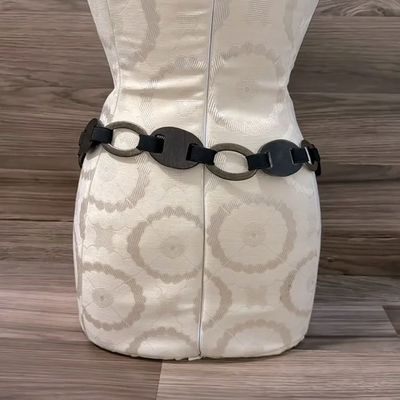 Suzi Rohrer Vintage Oval Brass Links Wood Grain Look Hip Stretch Adjustable Belt - Picture 14 of 14